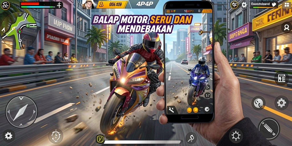 Tampilan gameplay seru dari 4P4P saat balapan motor.