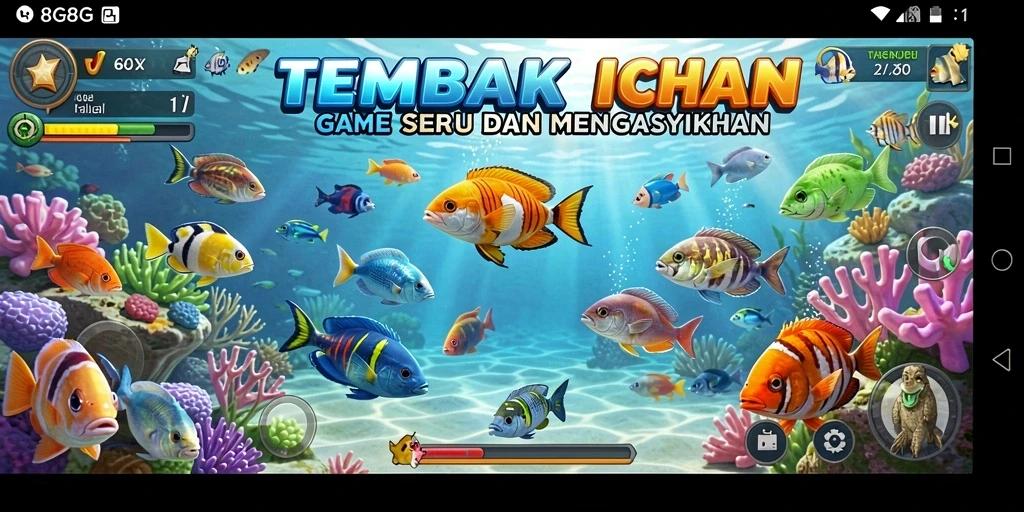Screenshot gameplay 8G8G menampilkan aksi menembak ikan yang seru.