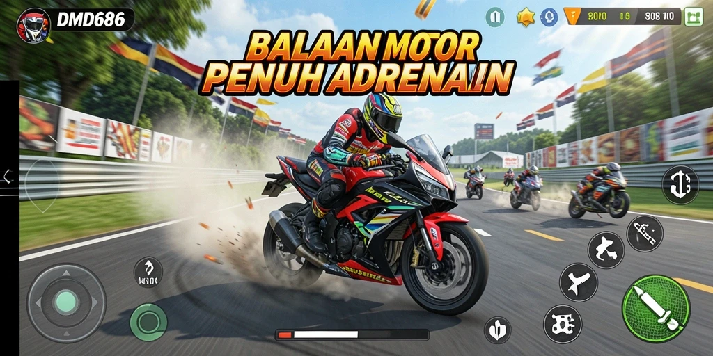 Screenshot gameplay DMD686 menampilkan aksi balapan motor yang seru.