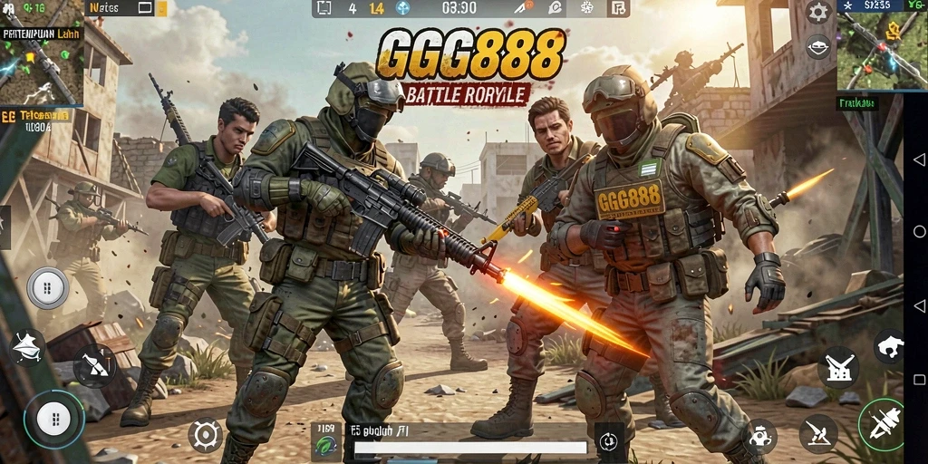 Gameplay GGG888 menunjukkan aksi epik di arena Battle Royale.