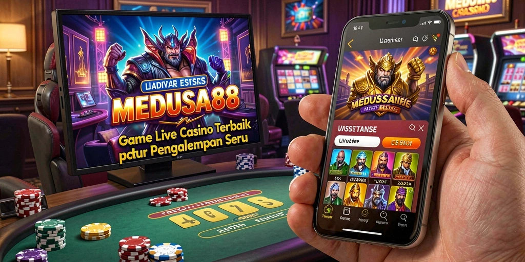 Screenshot utama MEDUSA88 menampilkan dealer langsung dan gameplay yang mendebarkan.