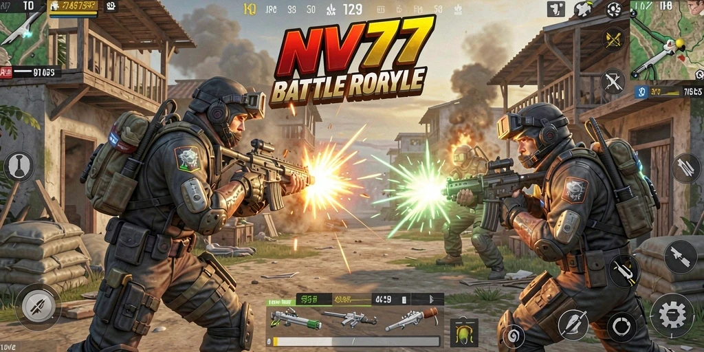 Screenshot gameplay NV77 menampilkan aksi seru dalam pertempuran Battle Royale.