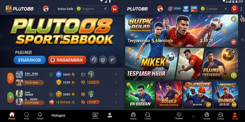Screenshot utama aplikasi PLUTO88 menampilkan antarmuka taruhan olahraga yang menarik.