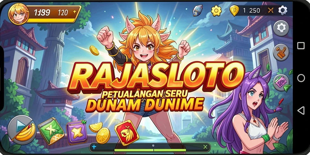 Tampilan gameplay seru dari RAJASLOTO dengan karakter anime interaktif.