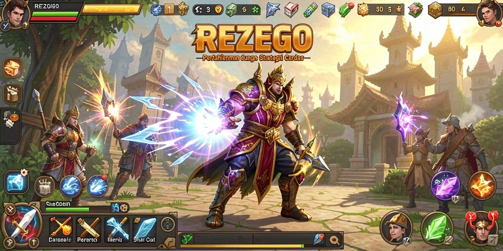 Tangkapan layar gameplay menarik dari <strong>REZEGO</strong> menunjukkan strategi Tower Defense yang kompleks.