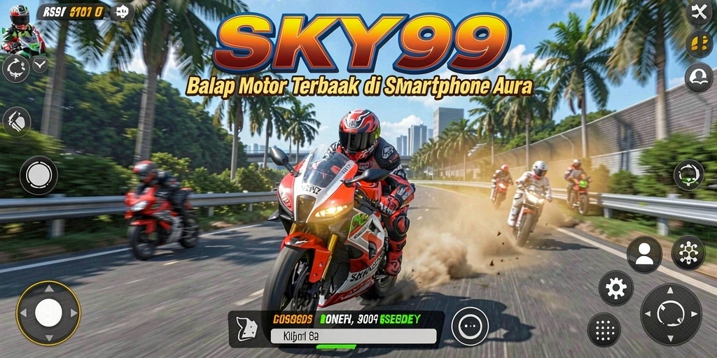 Screenshot SKY99 menampilkan balapan motor yang intens.