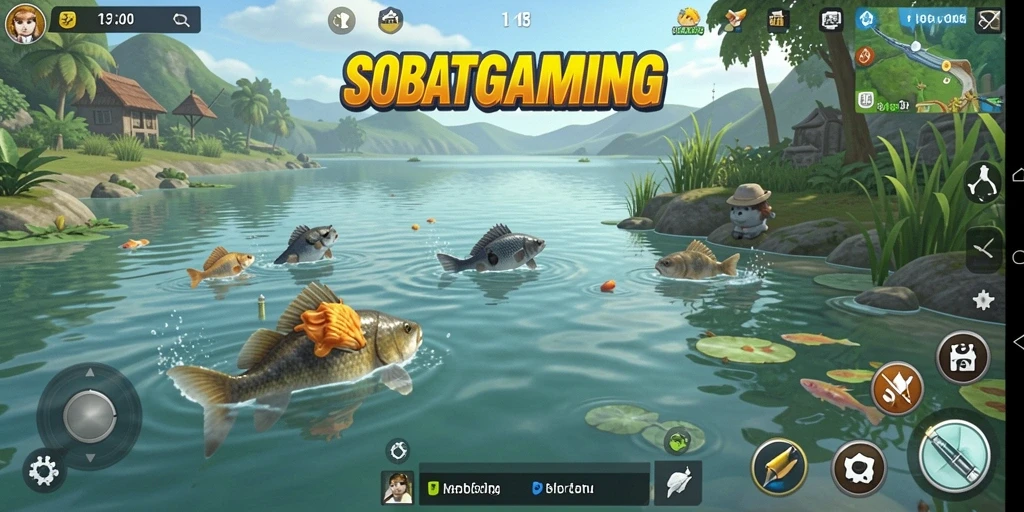 Screenshot gameplay SOBATGAMING yang menunjukkan pemandangan memancing yang indah.